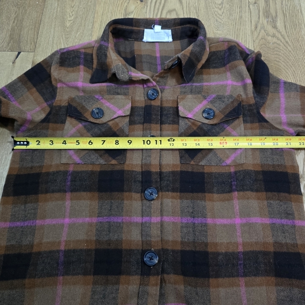 BB Dakota Brown Plaid Button Up Shacket Brown and Pink Size Large - Picture 6 of 9